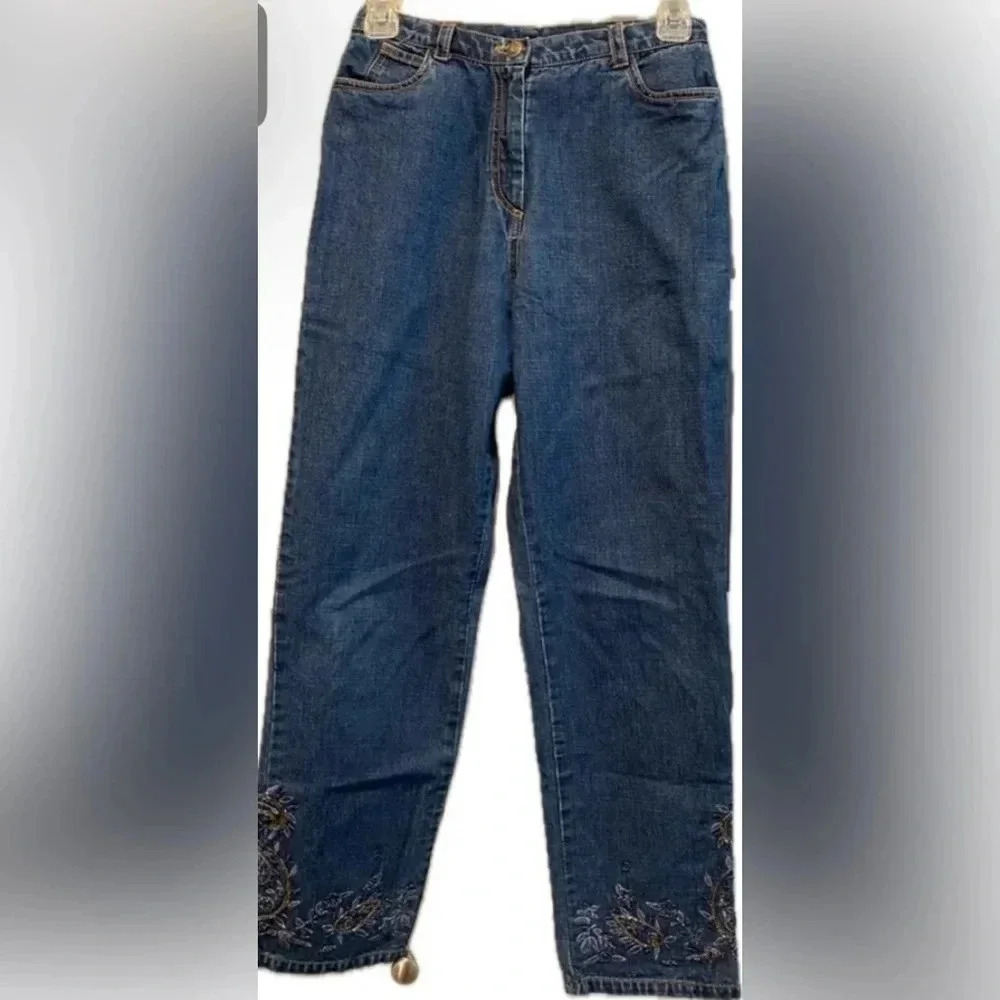 Petite Sophisticate Cotton Beaded Embellished Dark Wash High-rise Jeans WM 2 EUC